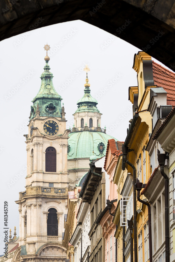 The tower of  St Nicholas Church (Cathedral) in Prague, Capital of Czechia.