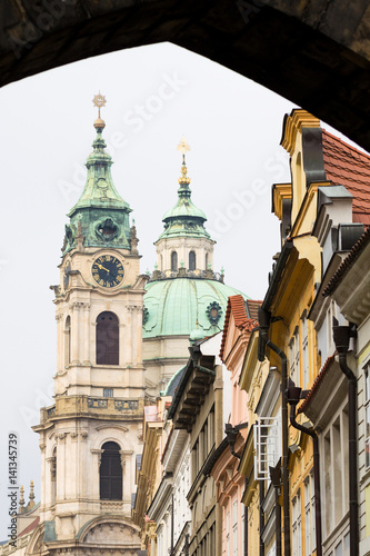 The tower of St Nicholas Church (Cathedral) in Prague, Capital of Czechia.