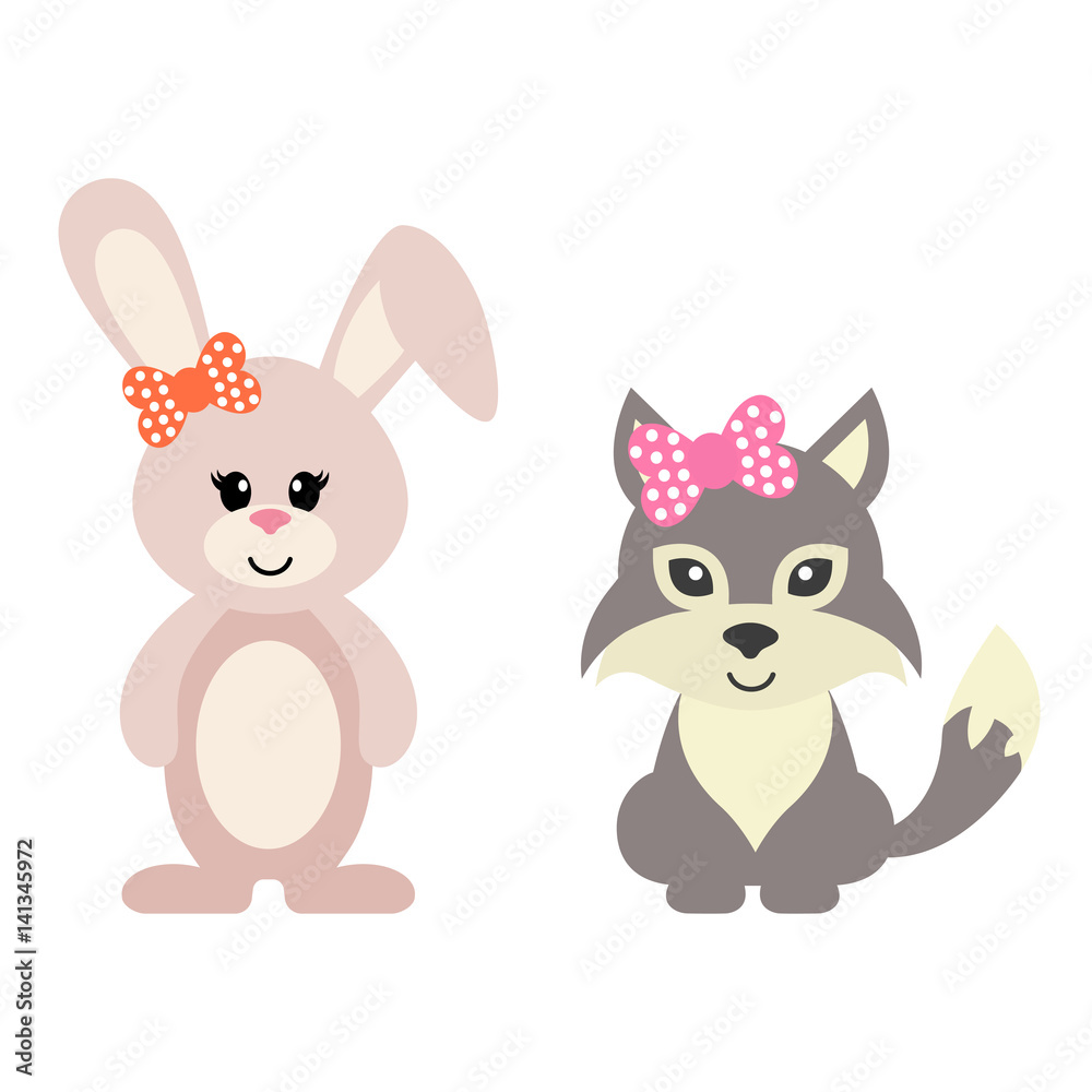 cartoon bunny and wolf girl with bow cartoon bunny and wolf girl with bow