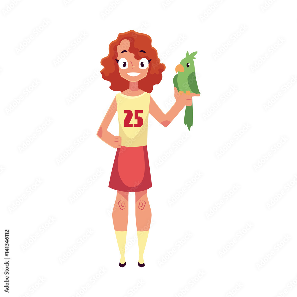 Teen, teenage girl standing and holding green parrot pet, friend, companion, cartoon vector illustration isolated on white background. Full length portrait of girl with green parrot pet Teen, teenage girl standing and holding green parrot pet, friend, companion, cartoon vector illustration isolated on white background. Full length portrait of girl with green parrot pet