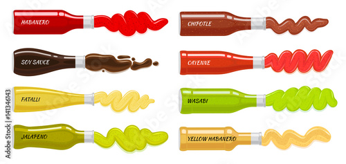 Set of Glass Bottles with Hot Sauces Flat Vector