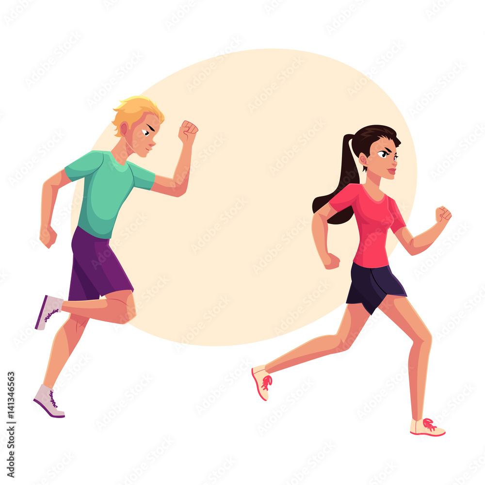 Couple of runners, sprinters running, race, competition, healthy lifestyle  concept, cartoon vector illustration with place for text. Male and female  runners, sprinters, joggers Stock Vector | Adobe Stock
