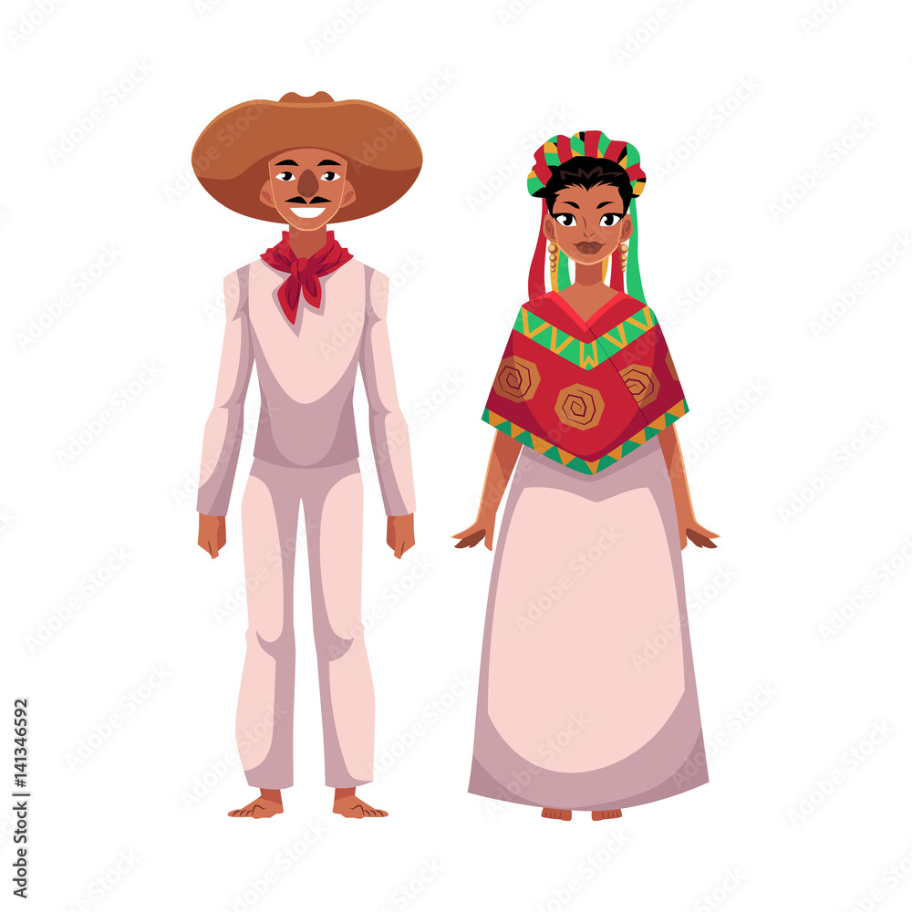 Mexican man and woman in traditional national clothes, sombrero, head wreath, poncho, cartoon vector illustration isolated on white background. Mexican couple, man and woman, in national costumes