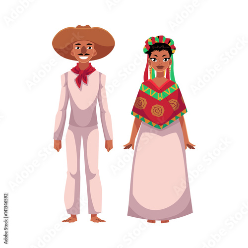 Mexican man and woman in traditional national clothes, sombrero, head wreath, poncho, cartoon vector illustration isolated on white background. Mexican couple, man and woman, in national costumes