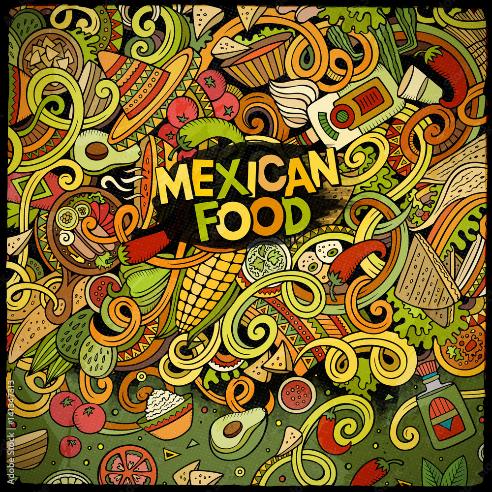Naklejka premium Cartoon mexican food doodles frame design
