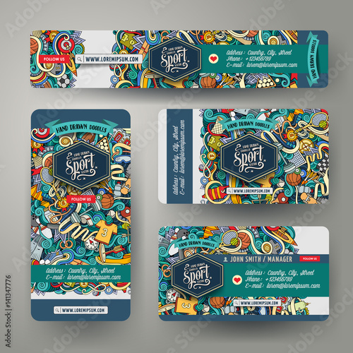 Corporate Identity vector templates set with doodles Sport theme
