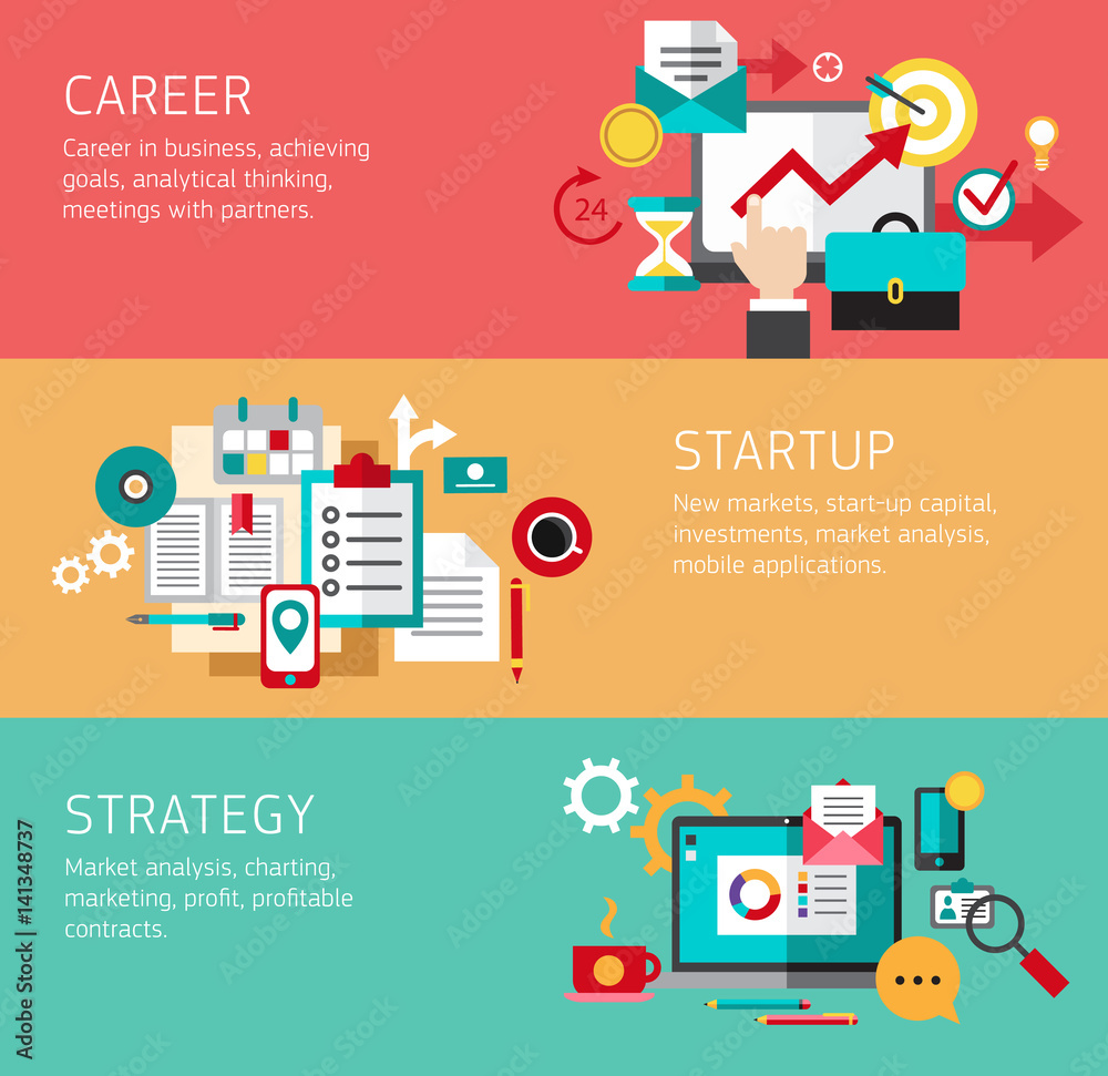 Set of modern concepts in flat design with long shadows and trendy colors for web, mobile applications, seo optimizations, business, social networks, e-commerce etc. Vector eps8 illustration