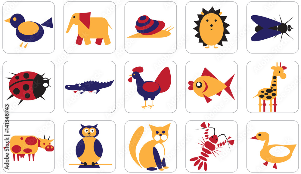 Geometric icons animals insects and birds
