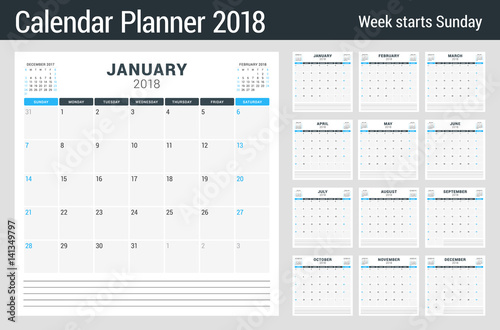Calendar planner for 2018 year. Set of 12 months. Vector design template. Week starts on Sunday. Stationery design