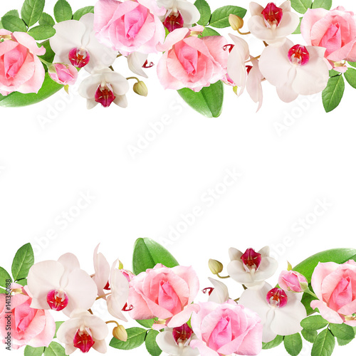 Fototapeta Naklejka Na Ścianę i Meble -  Beautiful floral pattern of pink roses and white orchids 