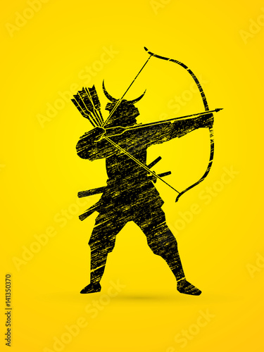 Samurai Warrior with bow designed using black grunge brush graphic vector.