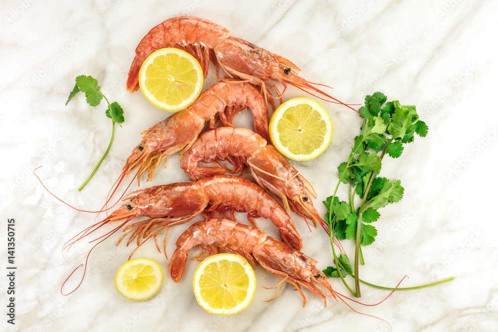 Raw shrimps with slices of lemon, cilantro, and copyspace Raw shrimps with slices of lemon, cilantro, and copyspace