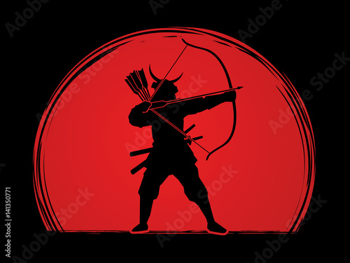 Samurai Warrior with bow designed on sunrise background graphic vector.