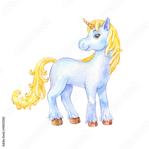 Cute little blue unicorn watercolor