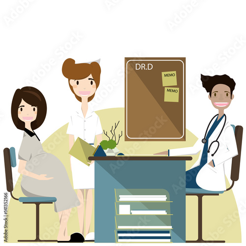 Woman visiting doctor in clinic, expectant parents,vector illustration