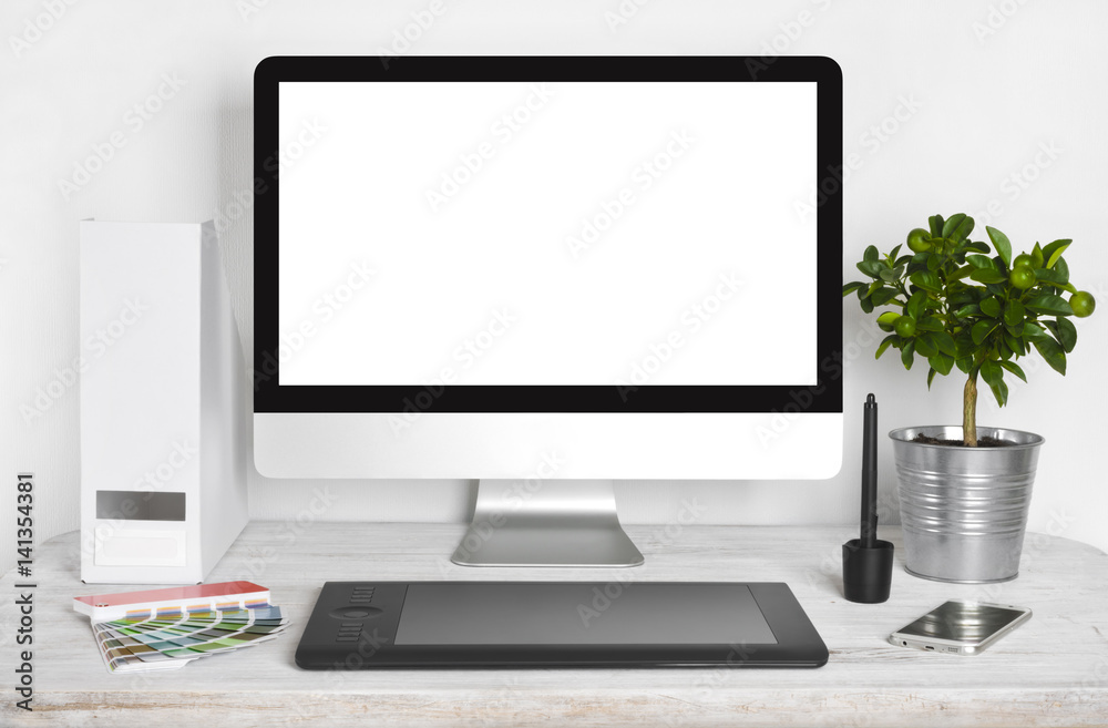 Fototapeta premium Creative graphics designer workplace with desktop computer on wooden table