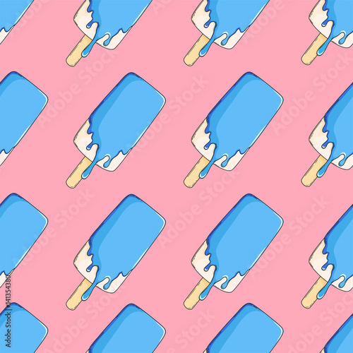 Seamless pattern of ice cream with flowing glaze on pastel background. Vector illustration, eps 10.