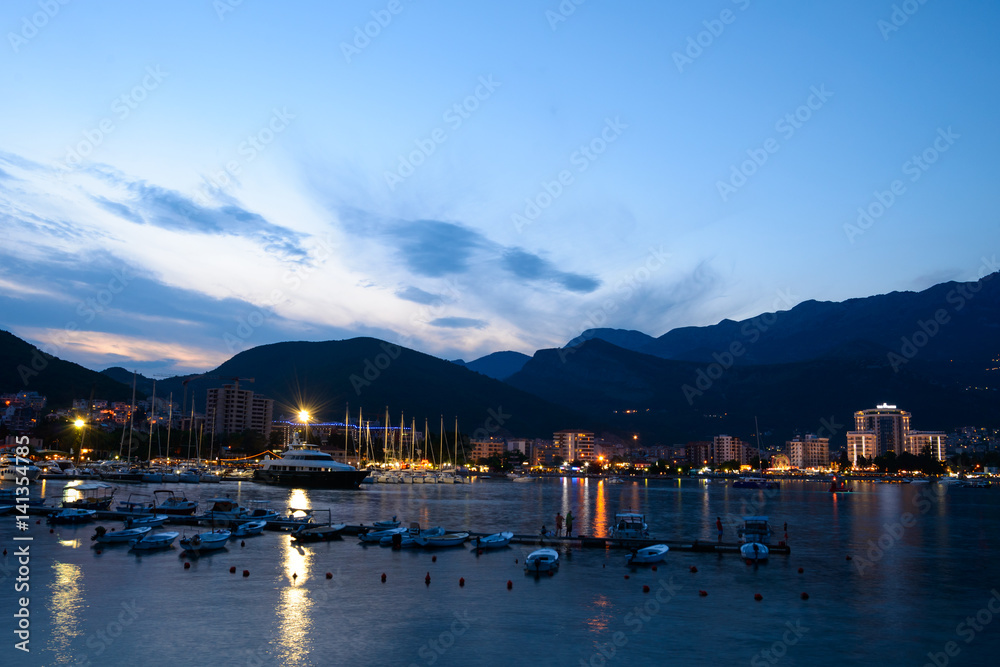 Night Panorama of Budva City and Dock with Lot of Boats. Montenegro, Balkans, Adriatic sea, Europe. Night Panorama of Budva City and Dock with Lot of Boats. Montenegro, Balkans, Adriatic sea, Europe.