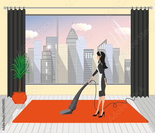 Maid cleans the carpet in the hotel room with a vacuum cleaner