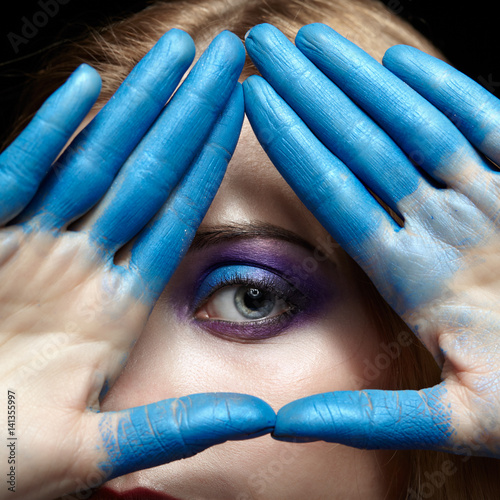 Tableau sur toile Eye of Providence, eye pyramid symbol made of hands and female face