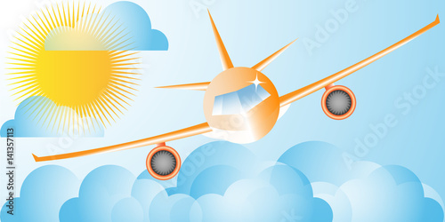 Airplane in the skies. Travel banner depictures flying airplane .Vector illustration.