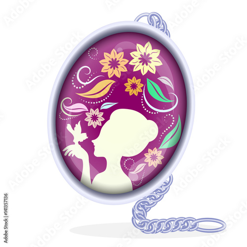 Locket. Elegant medallion with flowers and silhouette of the girl inside. Vector illustration. Isolated.