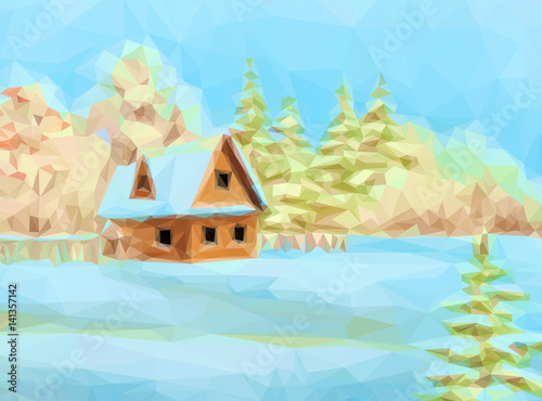 Winter Christmas Landscape, Rustic House on Snowy Forest Edge, Low Poly. Vector