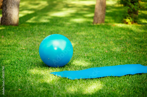 Blue and pink fitness ball on green grass in park. Outdoors fit workout and spotr concept. Big fitball photo