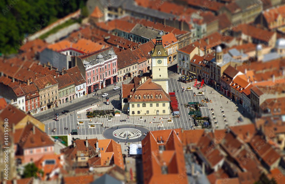 European medieval city view. Miniature tilt shift lens effect