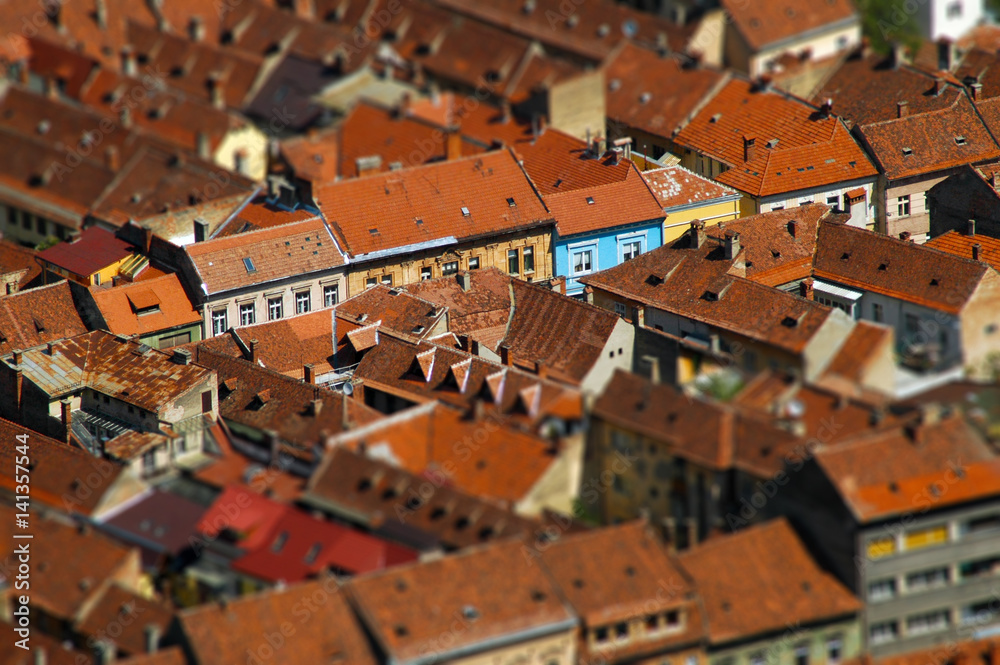 European medieval city view. Miniature tilt shift lens effect