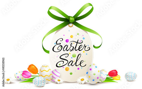 easter egg label lettering decorated with green bow, painted easter eggs and flowers - Easter Sale