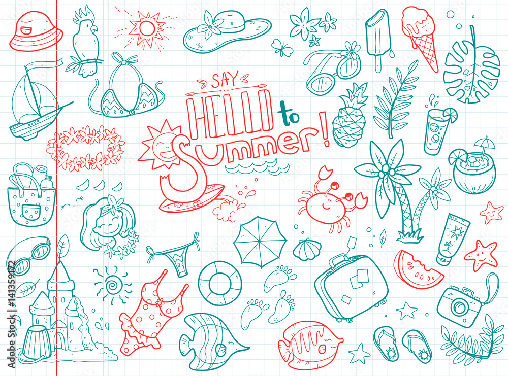 Vector cute doodle collection of summer. The sea, the ocean, the