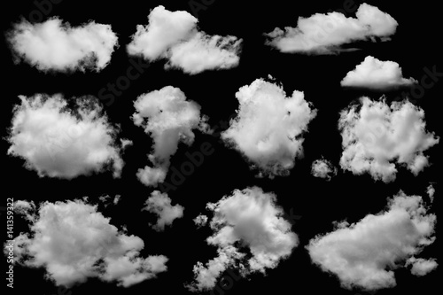 Set of clouds group white on isolated elements black background.
