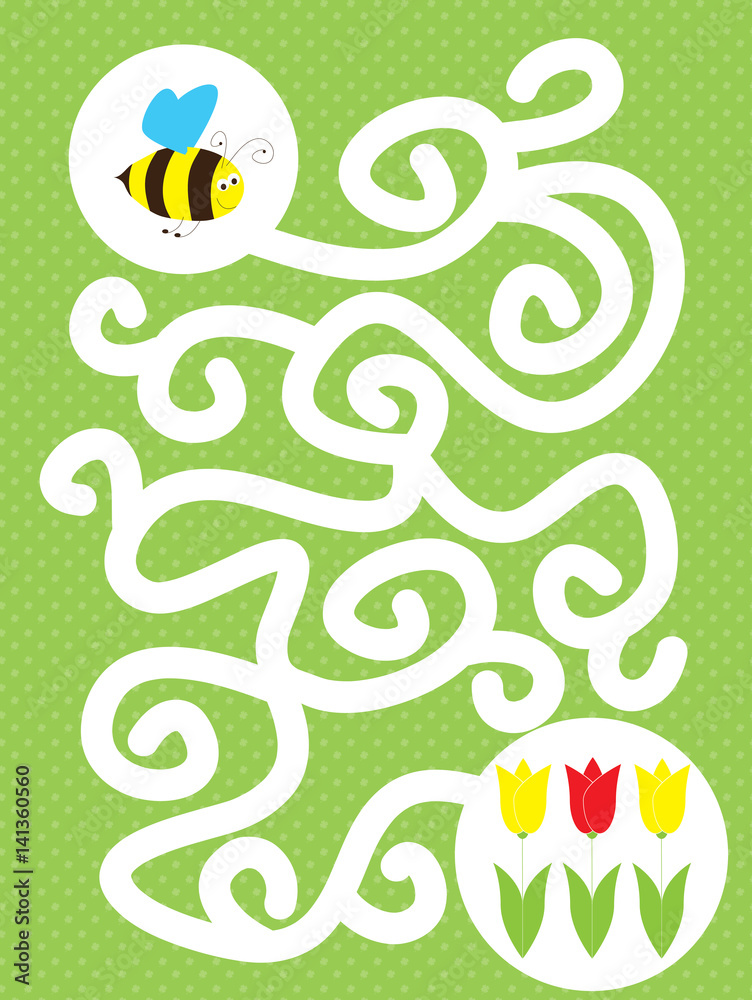 spring maze game for children: flying happy bee and tulips