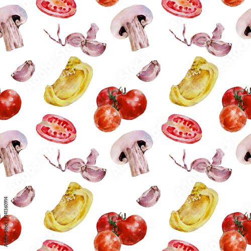 Seamless pattern with tomatoes, championing, mushrooms. Watercolor illustration.
