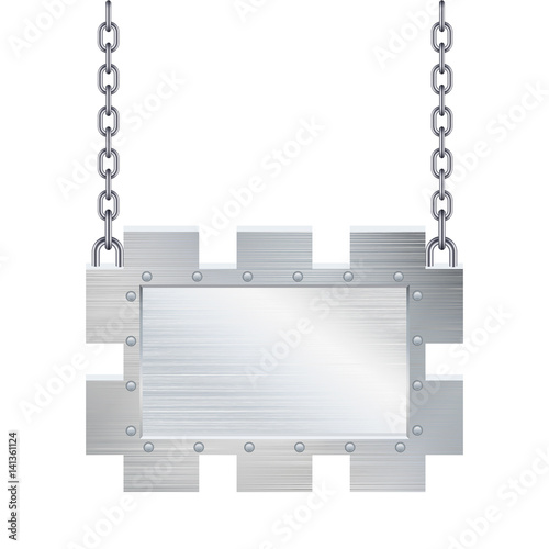 Blank metallic signboard hanging on chain.Isolated on white background.