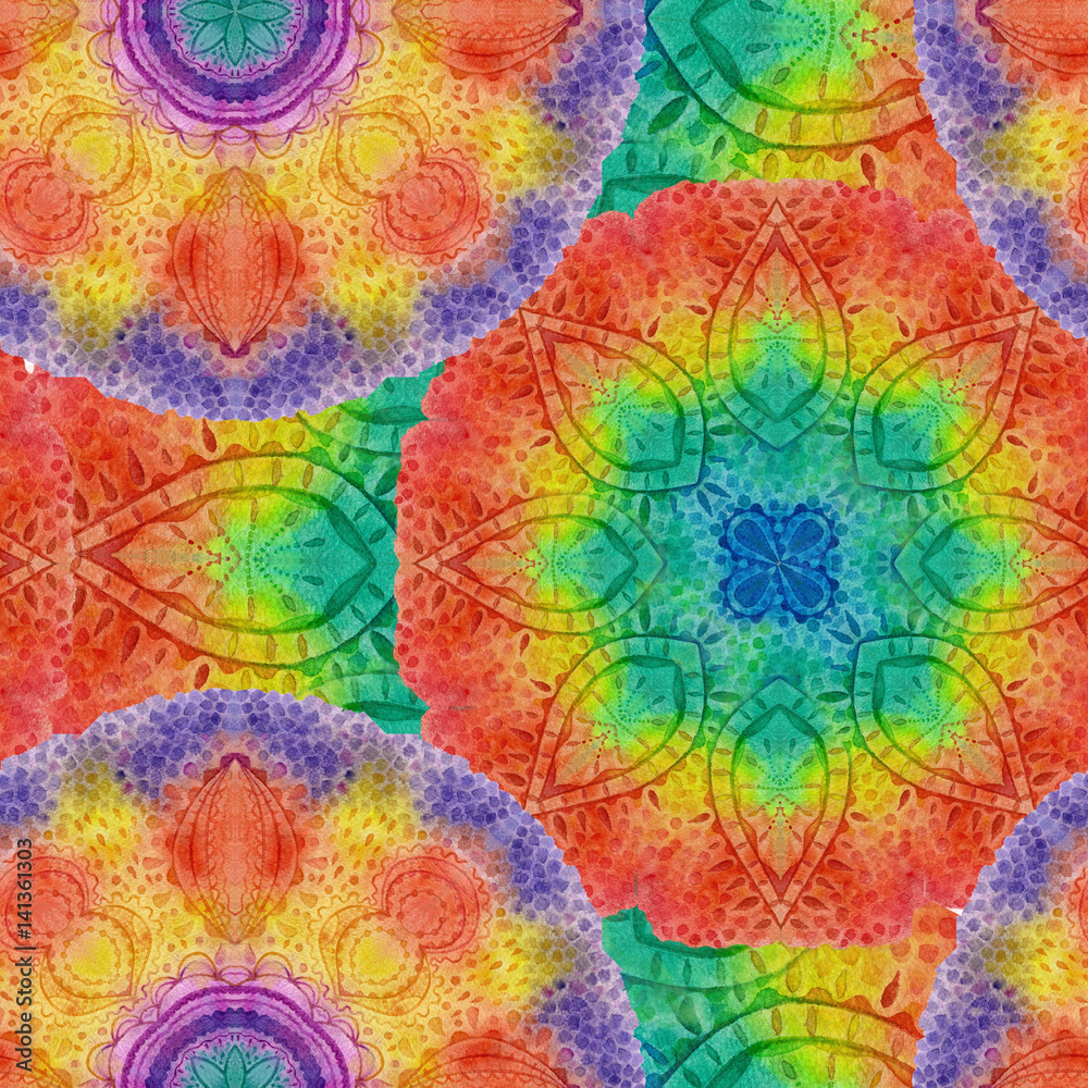 Seamless pattern with mandala ornament. Watercolor illustration.
