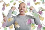 Happy man wins a lot of money in the lottery