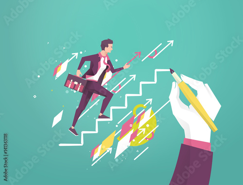 Hand is drawing a ladder to lead young upcoming businessman.