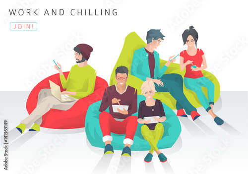 Young people sit on bean bag with different gadgets and exchange ideas. Discussion and chilling. Modern flat vector illustration
