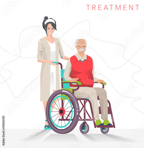 Concept of  person disability. Senior disabled man in wheelchair and social worker isolated on white background. Vector flat illustration.