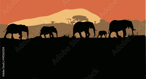  silhouettes of elephants cross africa on hills isolated.