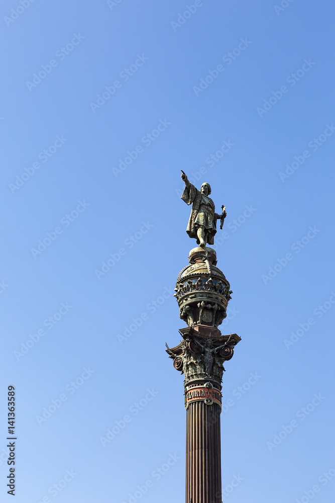The Columbus Monument showing Christopher Columbus at the lower end of La Rambla, Barcelona, Catalonia, Spain