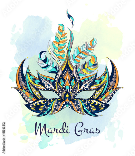 Patterned mask on the grunge background. Mardi Gras festival. Tattoo design. It may be used for design of a t-shirt, bag, postcard, a poster and so on.  