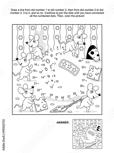 Mice and cheese cartoon connect the dots picture puzzle and coloring page. Answer included.
