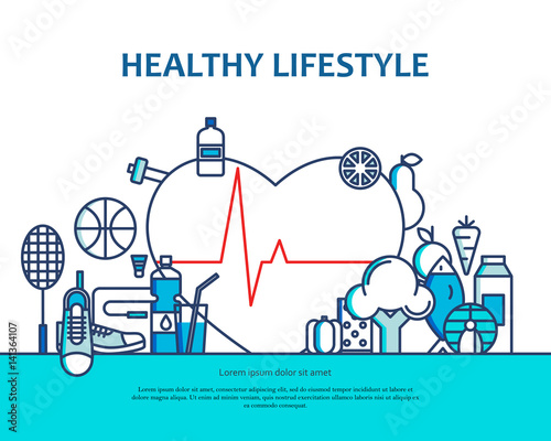 Healthy lifestyle concept with food and sport icons. Natural life vector background with heart shape. Phisycal activity banner for website or magazne. Header, poster, flyer backdrop. Line design. photo