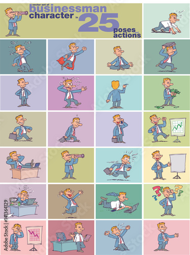 Large vector set of businessman character in 25 poses and actions. Office worker professional angry, exposing, talking on phone, jumping, working, running, relaxed… and more!