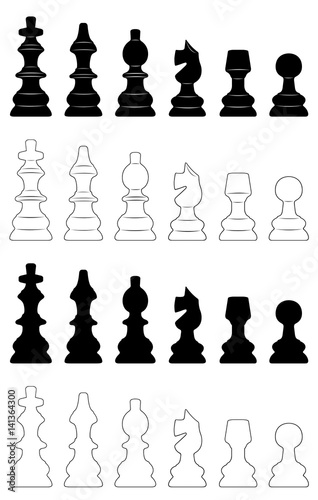 Set of different chess pieces isolated on white