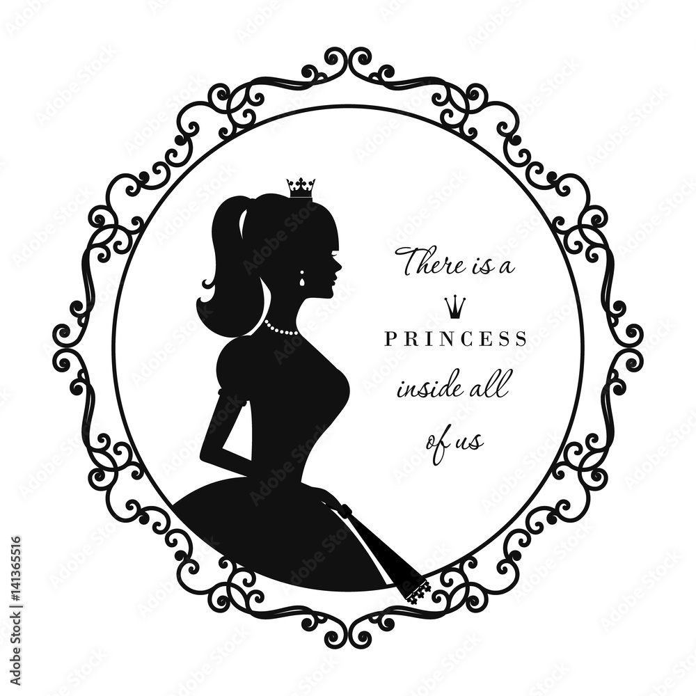 Princess silhouette in royal frame with sample text. For notebook cover, girl diary, scrapbook design. Isolated on white.
