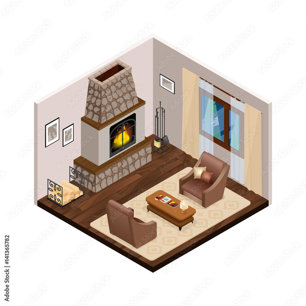 Lounge Isometric Interior With Fireplace